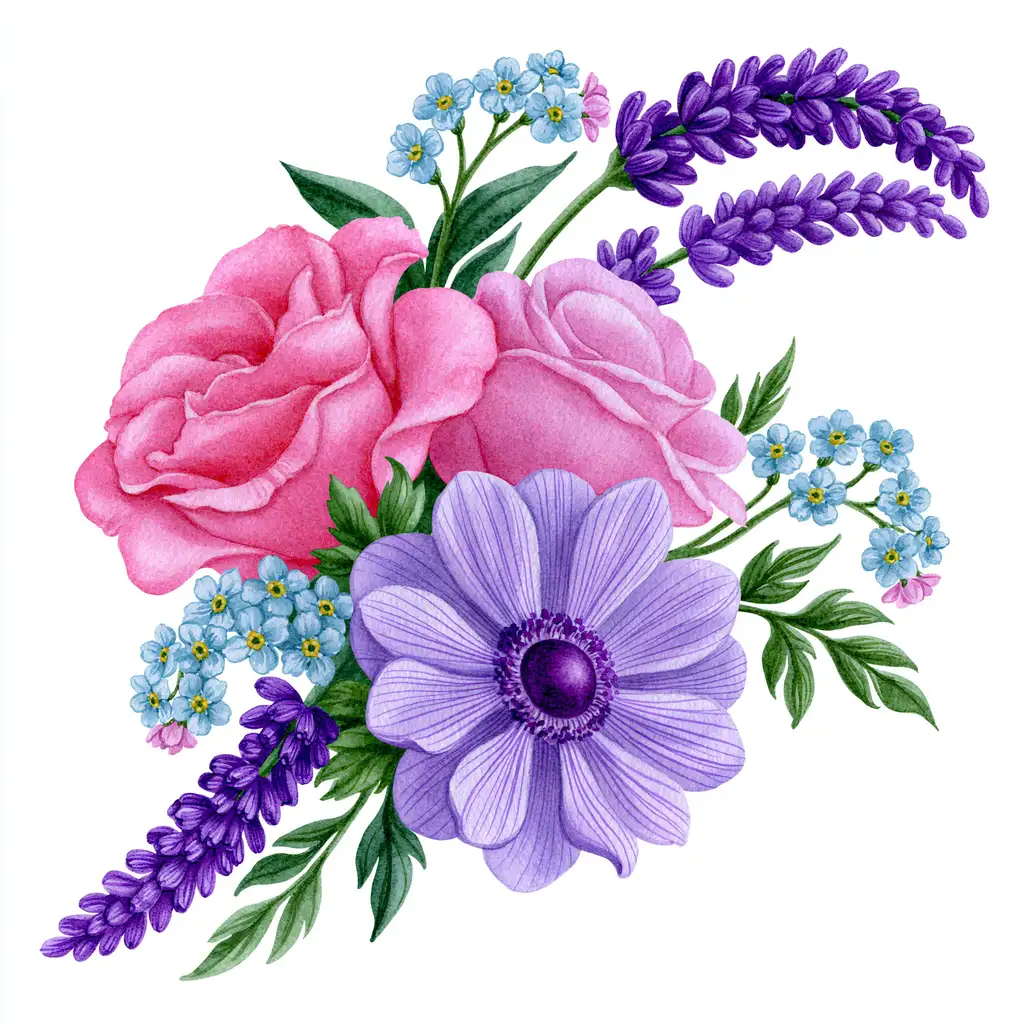 Watercolor floral arrangement with pink roses and purple flowers