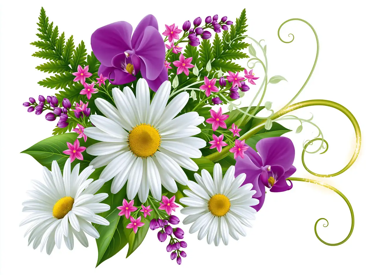 Floral composition with white daisies and purple orchids