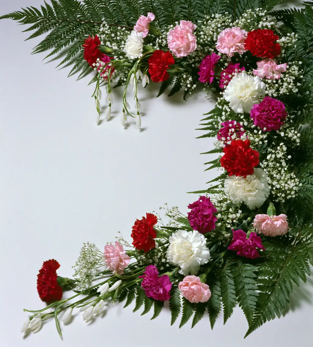 Curved floral arrangement with carnations and ferns on light background