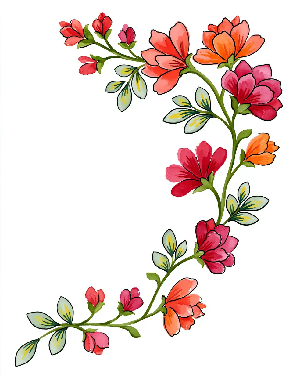 Watercolor floral branch illustration with vibrant red and orange flowers