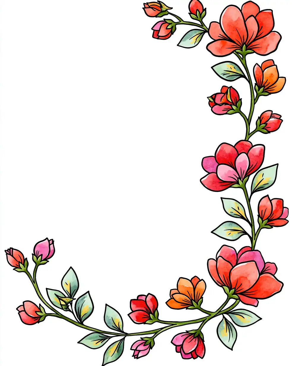 Watercolor floral branch illustration with vibrant red and orange flowers