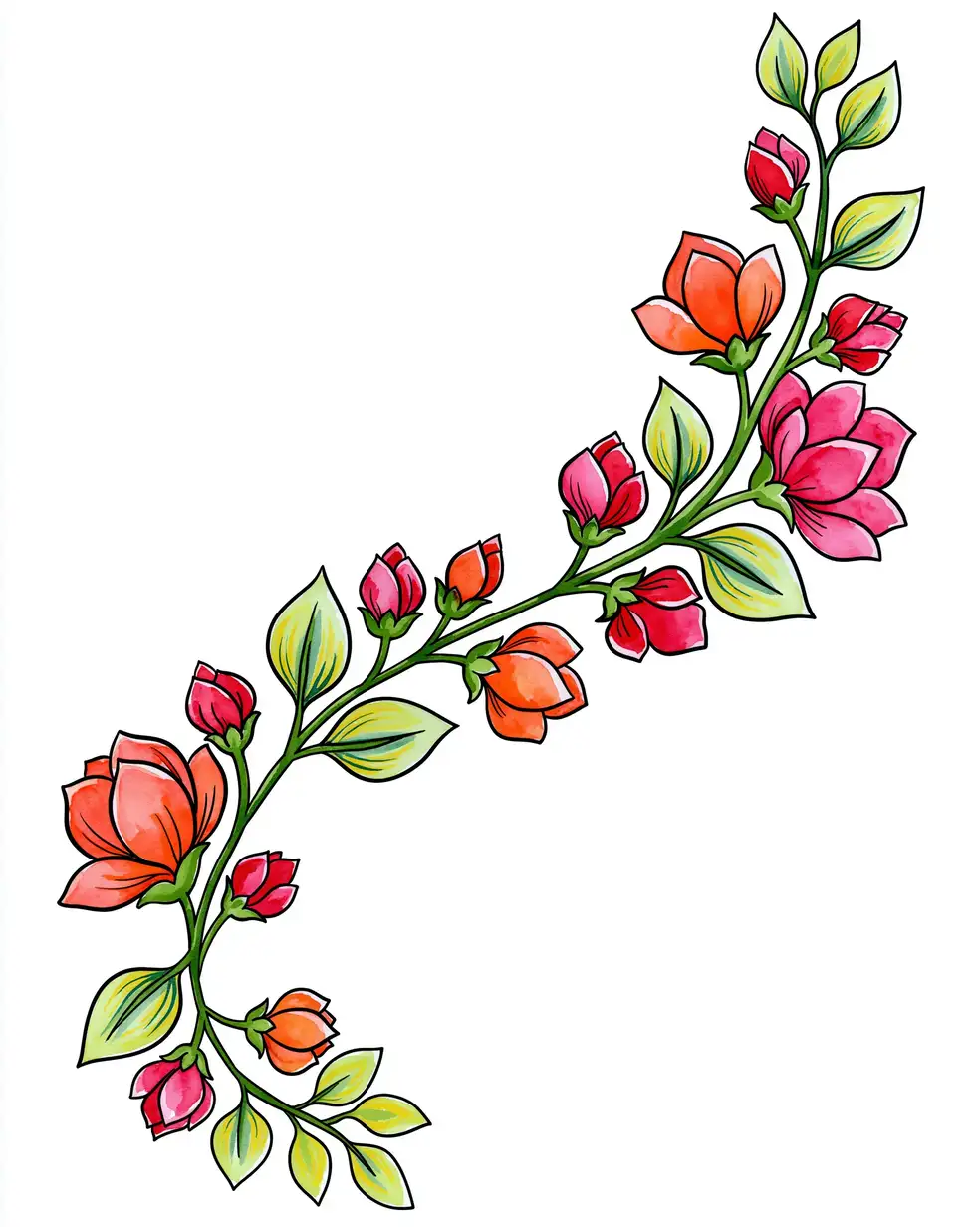 Watercolor floral branch illustration with vibrant red and orange flowers