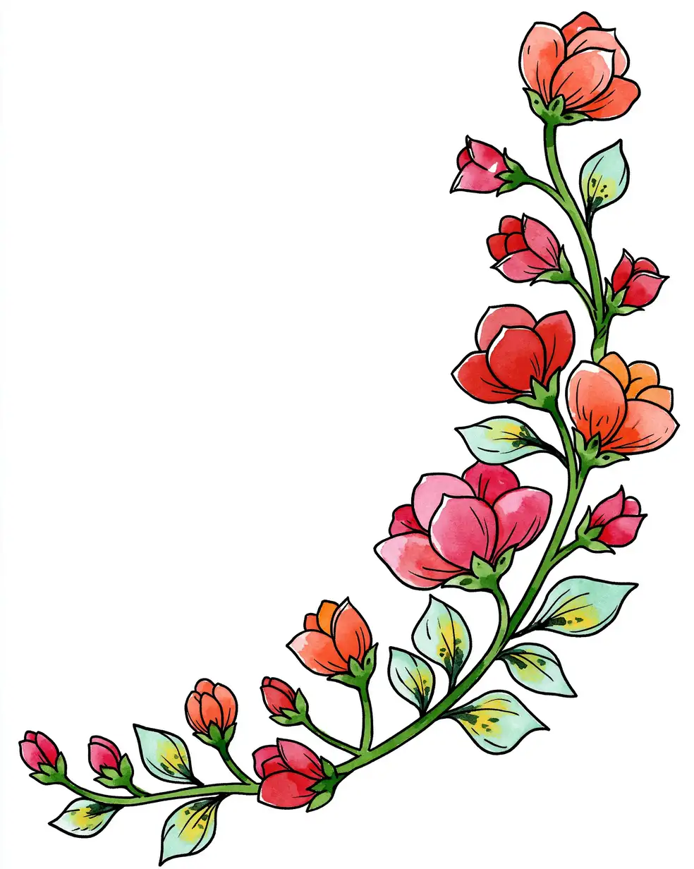 Watercolor floral branch illustration with vibrant red and orange flowers