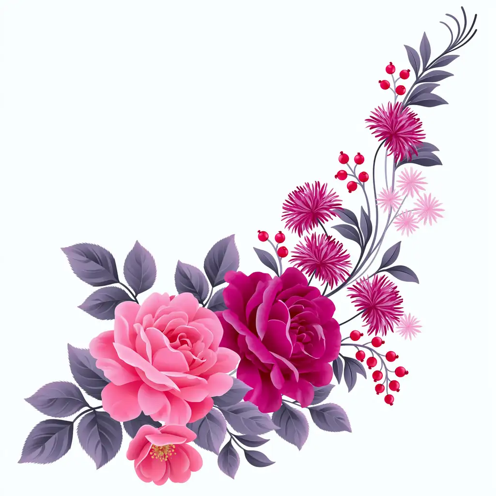 Pink and magenta floral arrangements with roses and berries on white background
