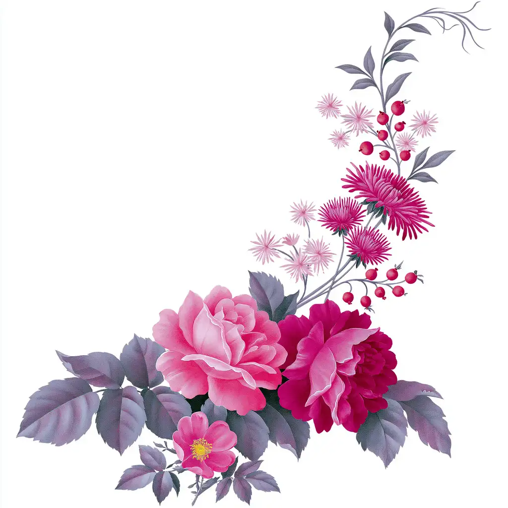 Pink and magenta floral arrangements with roses and berries on white background