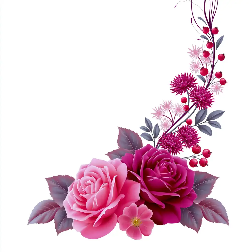 Pink and magenta floral arrangements with roses and berries on white background