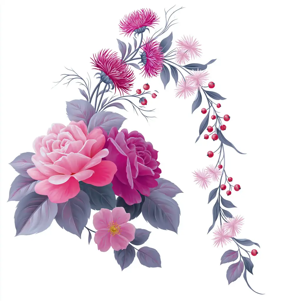 Pink and magenta floral arrangements with roses and berries on white background
