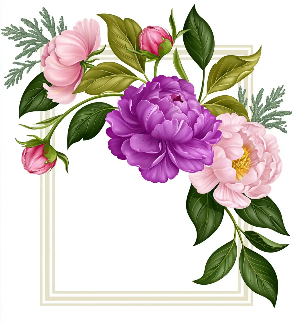 Floral compositions with pink and purple peonies and green leaves