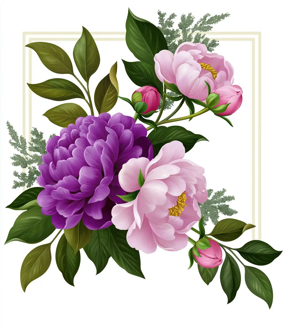 Floral compositions with pink and purple peonies and green leaves