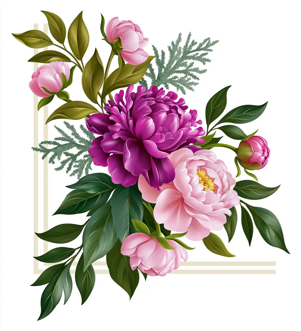 Floral compositions with pink and purple peonies and green leaves