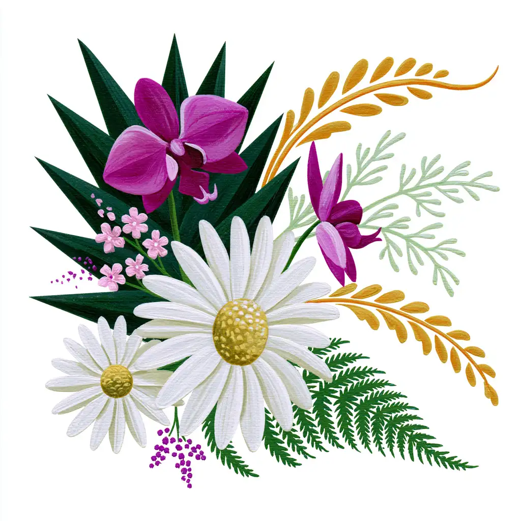 Decorative floral arrangement with purple orchids and white daisies on white background