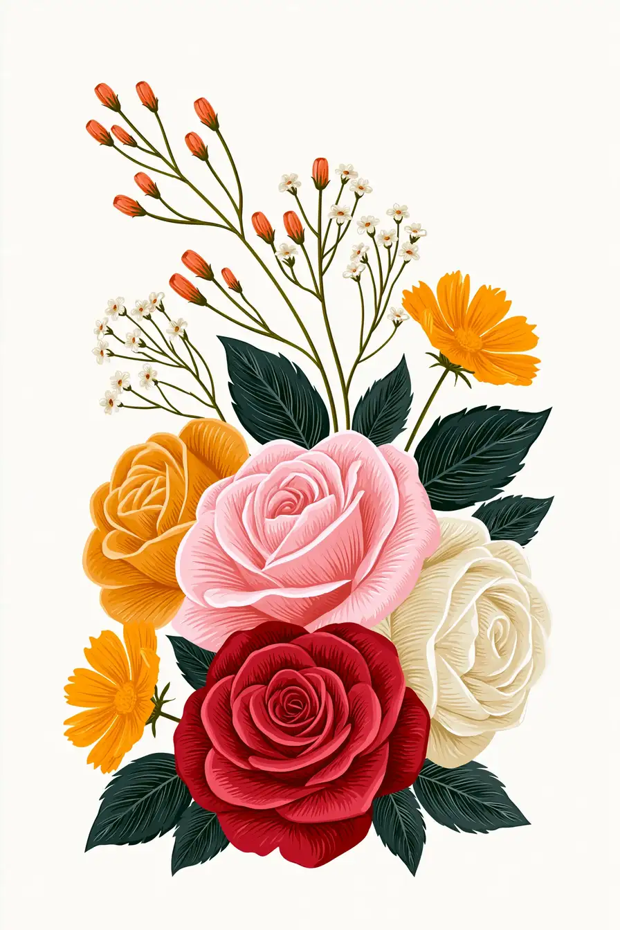 Colorful floral bouquet illustration with roses and wildflowers