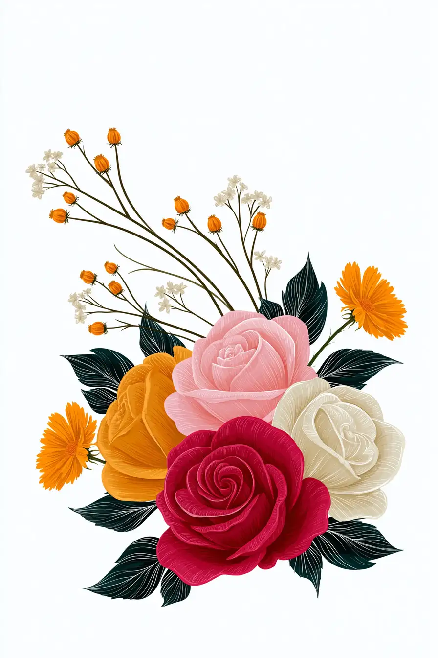 Colorful floral bouquet illustration with roses and wildflowers