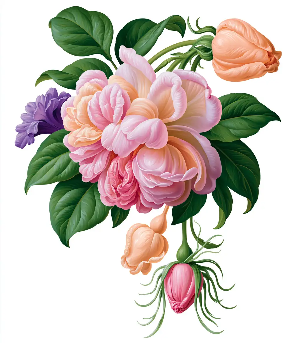 Botanical illustration of pink and peach roses with green leaves isolated on white background