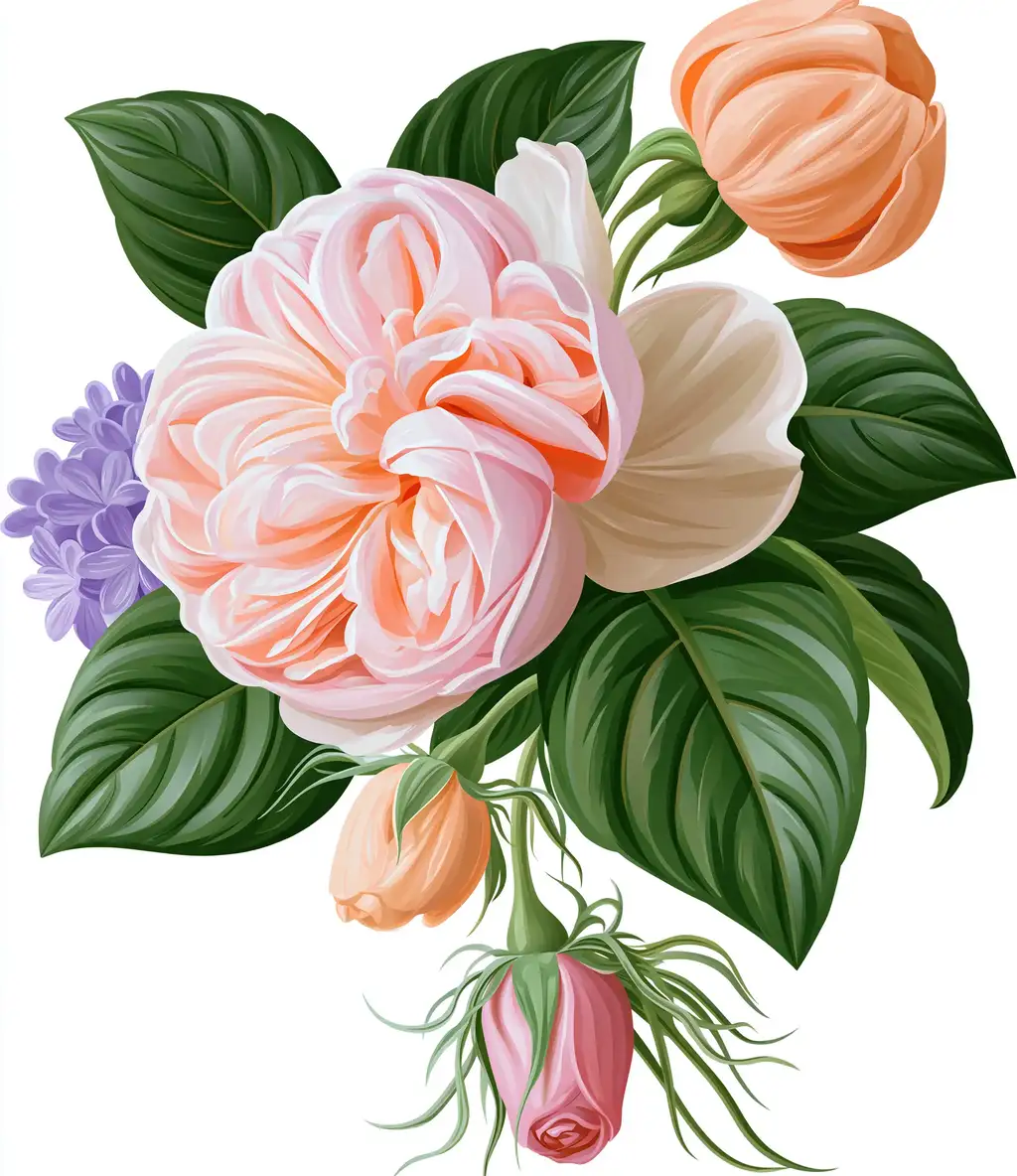 Botanical illustration of pink and peach roses with green leaves isolated on white background