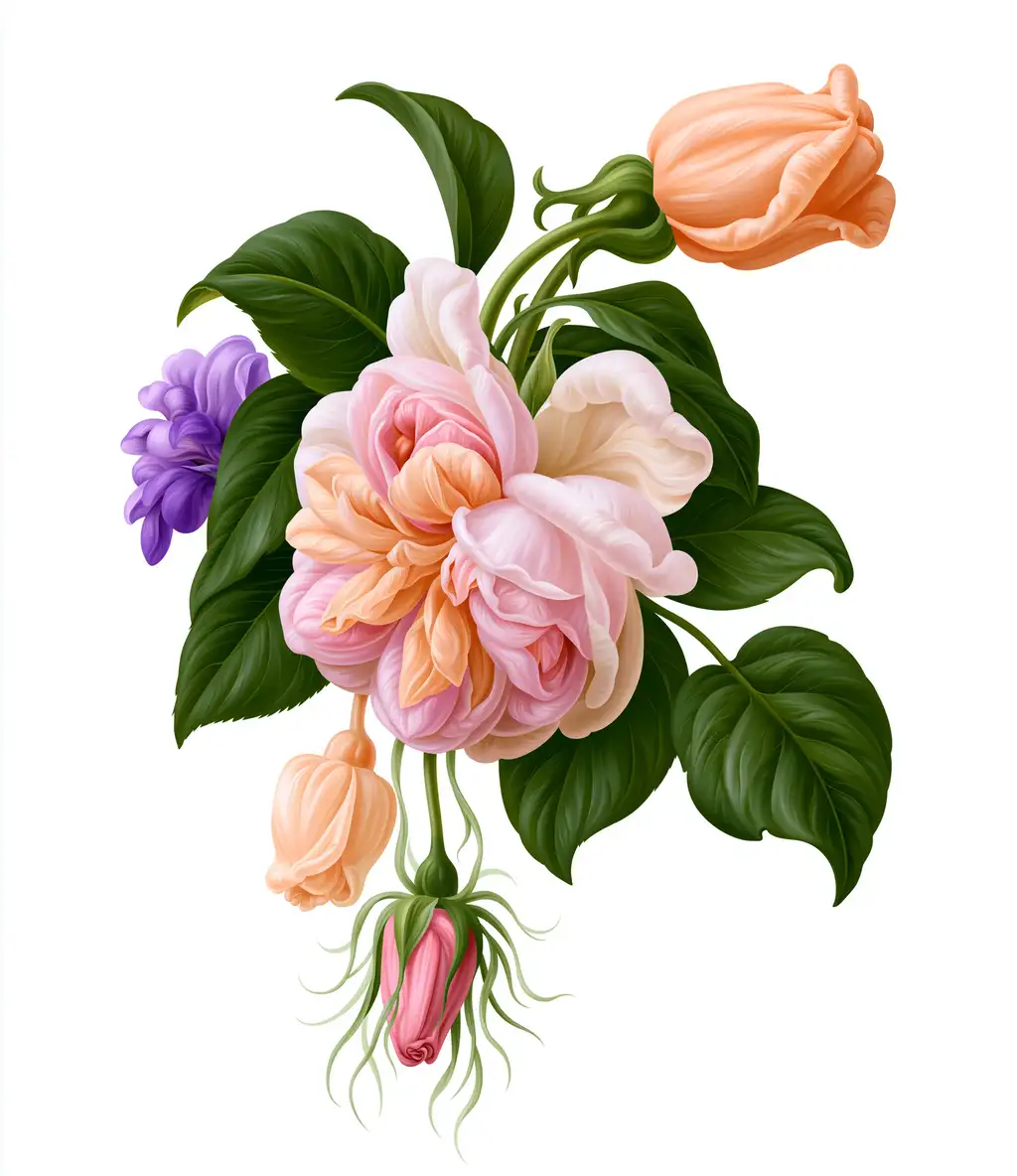 Botanical illustration of pink and peach roses with green leaves isolated on white background
