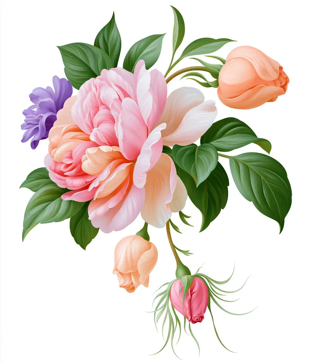 Botanical illustration of pink and peach roses with green leaves isolated on white background