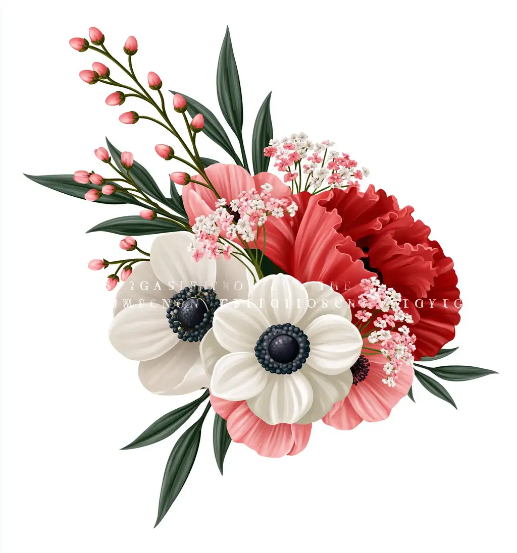 Floral bouquet with red and white anemones and pink blossoms isolated on white