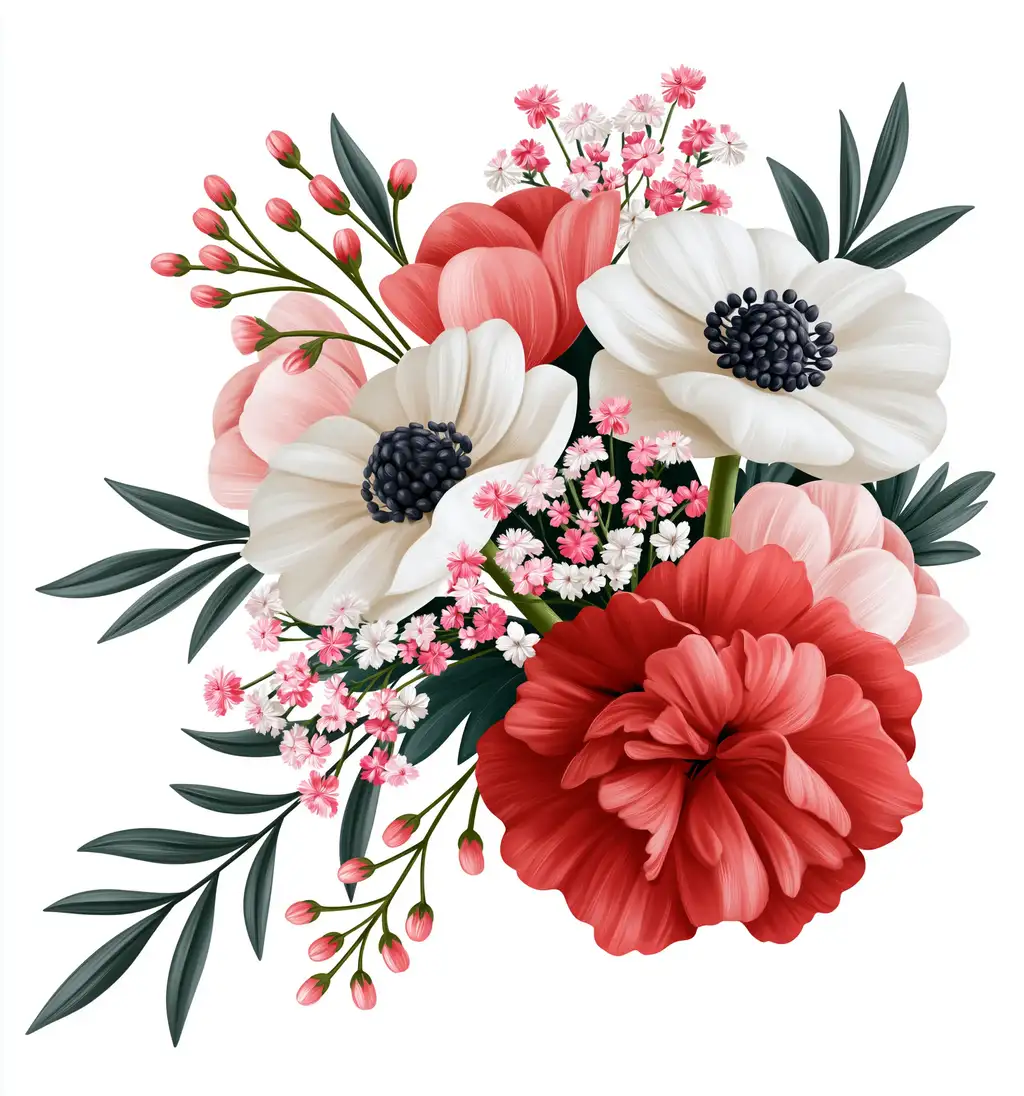 Floral bouquet with red and white anemones and pink blossoms isolated on white