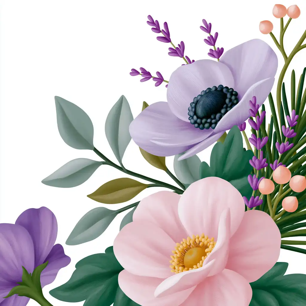 Digital painting of a floral arrangement with pink and purple flowers