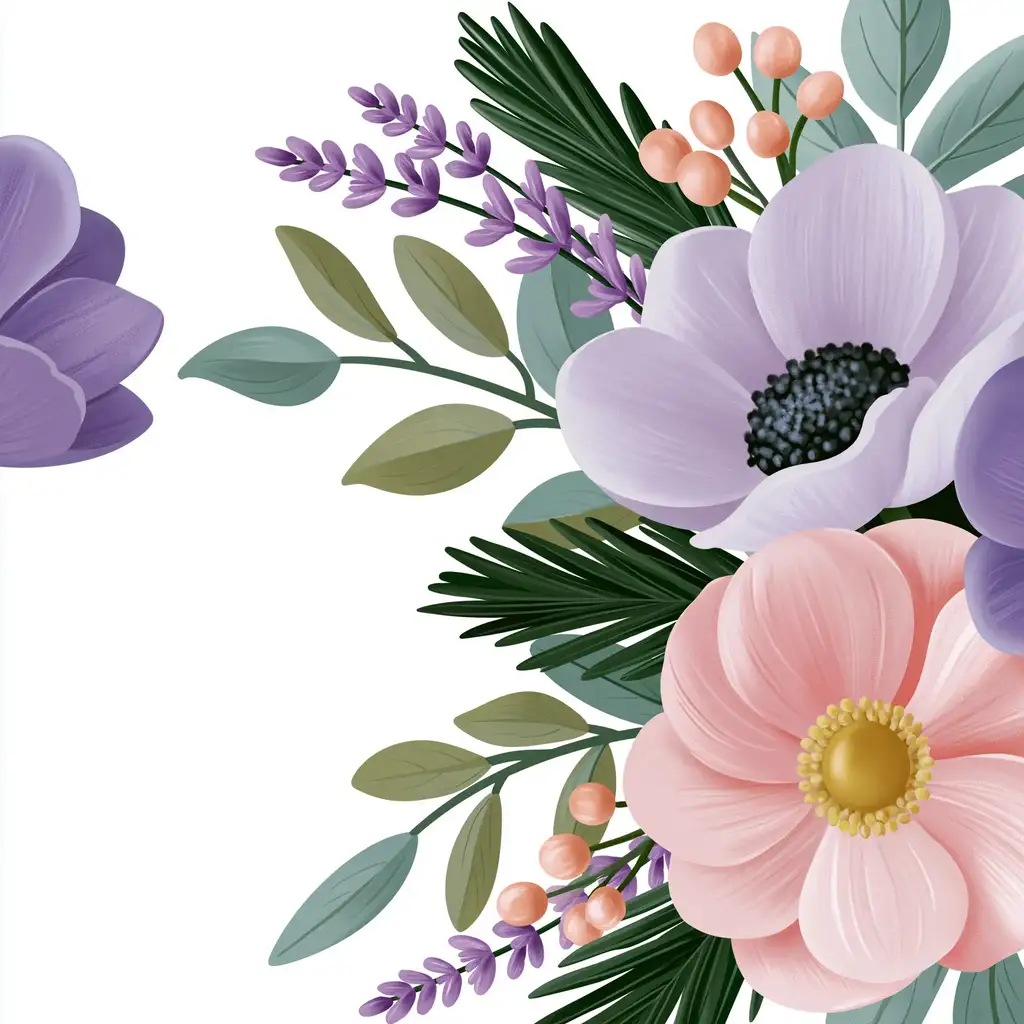 Digital painting of a floral arrangement with pink and purple flowers