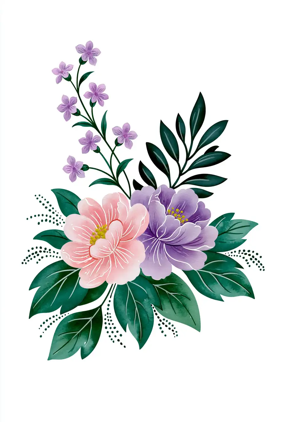Floral composition digital illustration featuring pink and purple flowers with green leaves