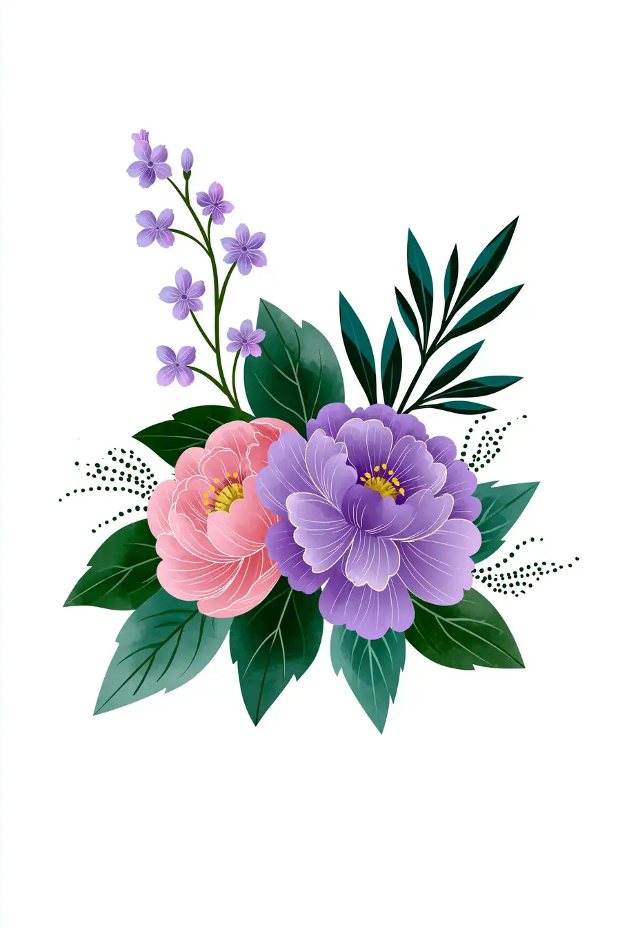Floral composition digital illustration featuring pink and purple flowers with green leaves