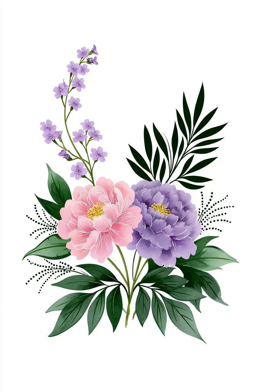 Floral composition digital illustration featuring pink and purple flowers with green leaves