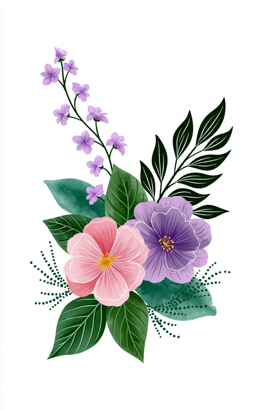 Floral composition digital illustration featuring pink and purple flowers with green leaves