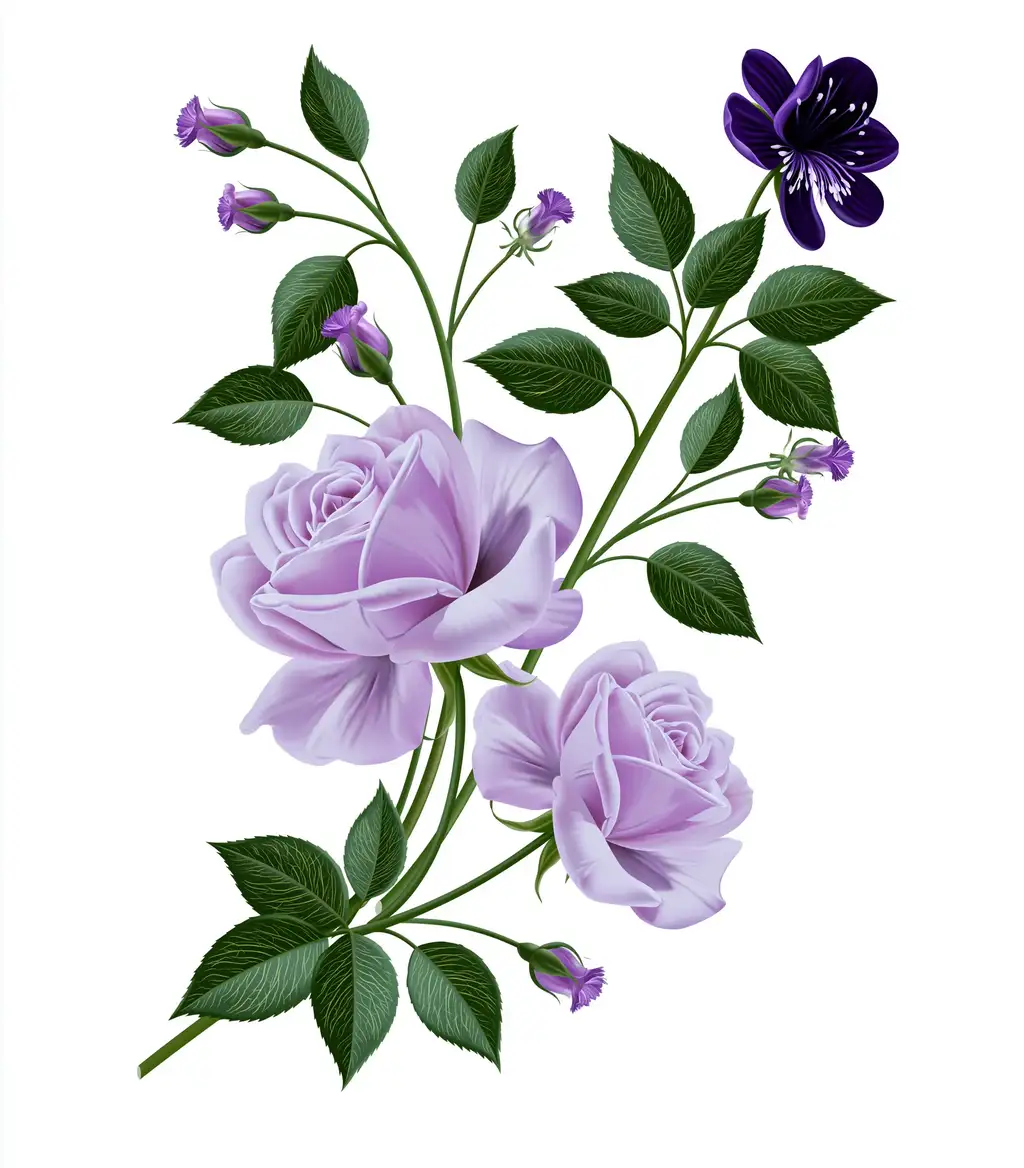 Purple and violet floral arrangement with roses and green leaves on white background