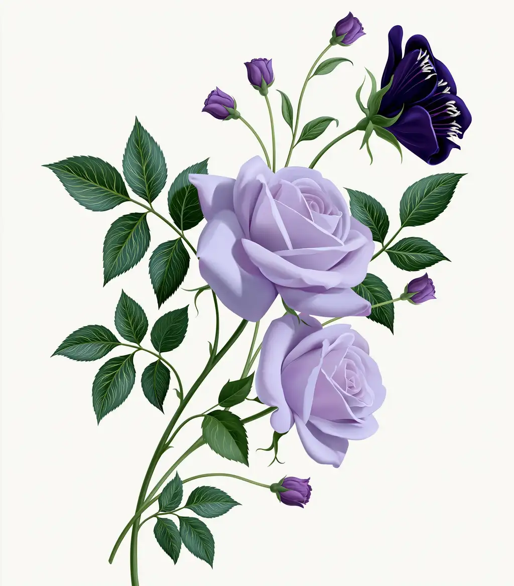 Purple and violet floral arrangement with roses and green leaves on white background