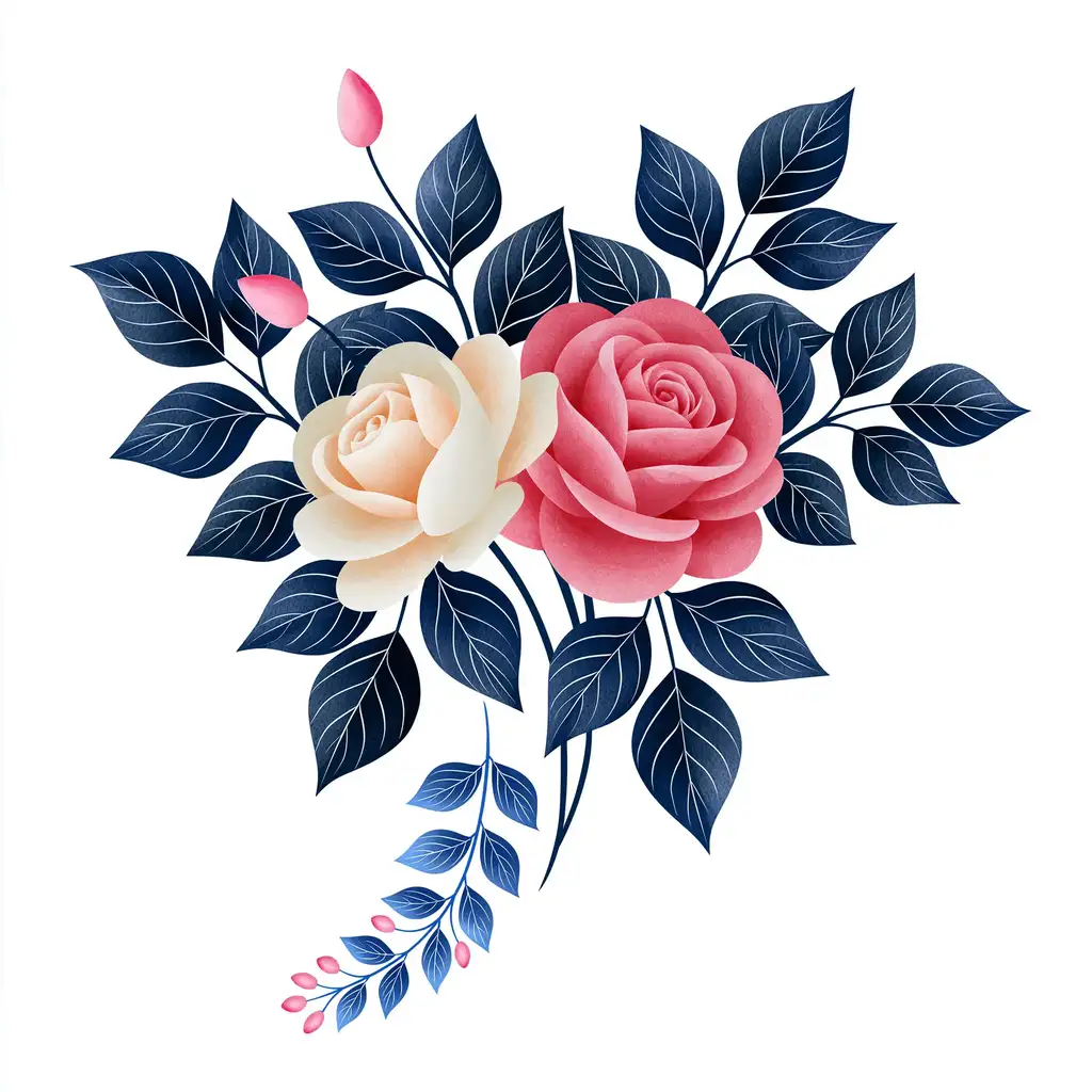 Pink and cream rose flower bouquet with dark blue leaves isolated on white background