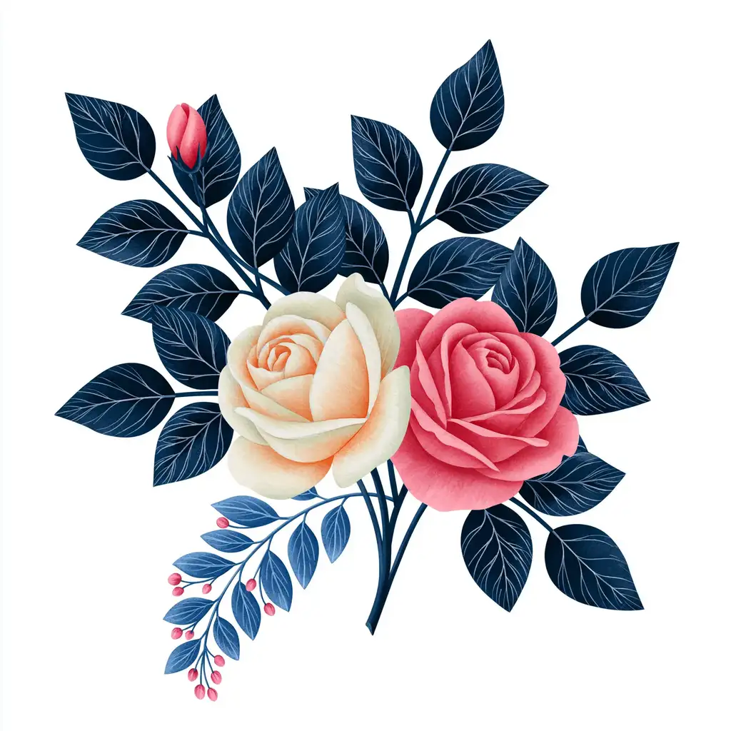 Pink and cream rose flower bouquet with dark blue leaves isolated on white background