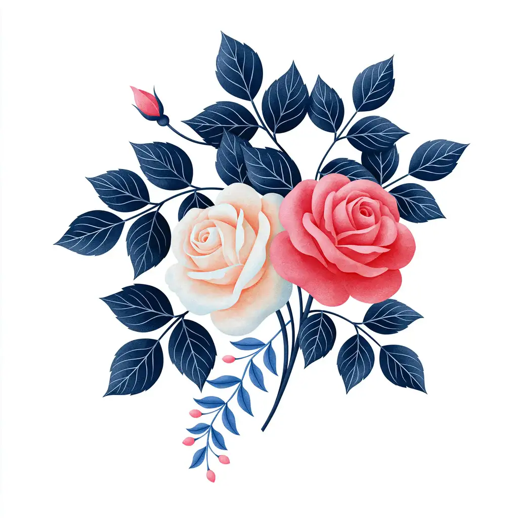 Pink and cream rose flower bouquet with dark blue leaves isolated on white background