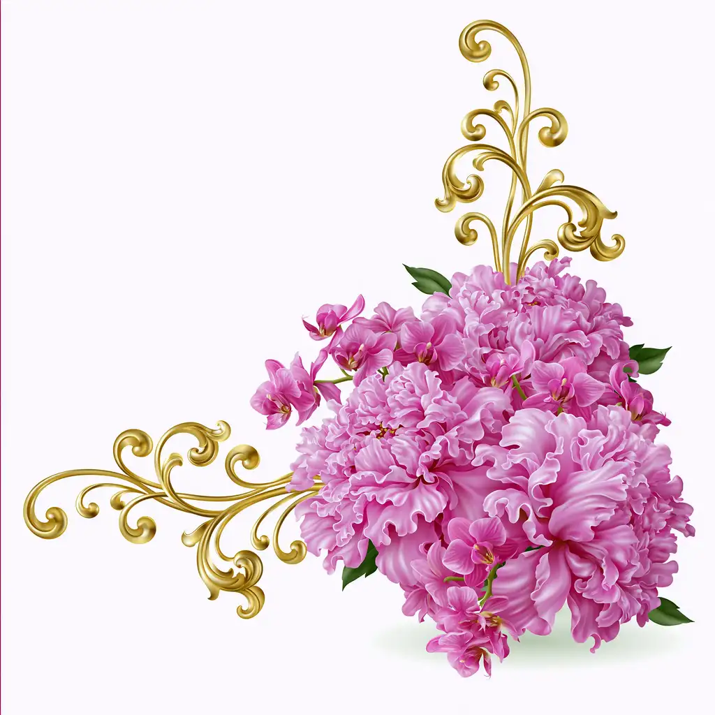 Floral Corner Arrangement with Pink Flowers and Gold Scrollwork