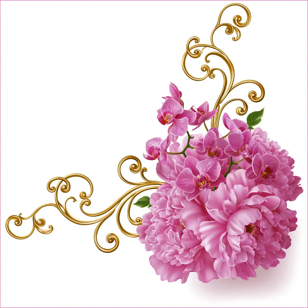 Floral Corner Arrangement with Pink Flowers and Gold Scrollwork