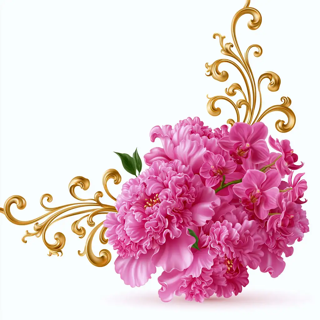 Floral Corner Arrangement with Pink Flowers and Gold Scrollwork