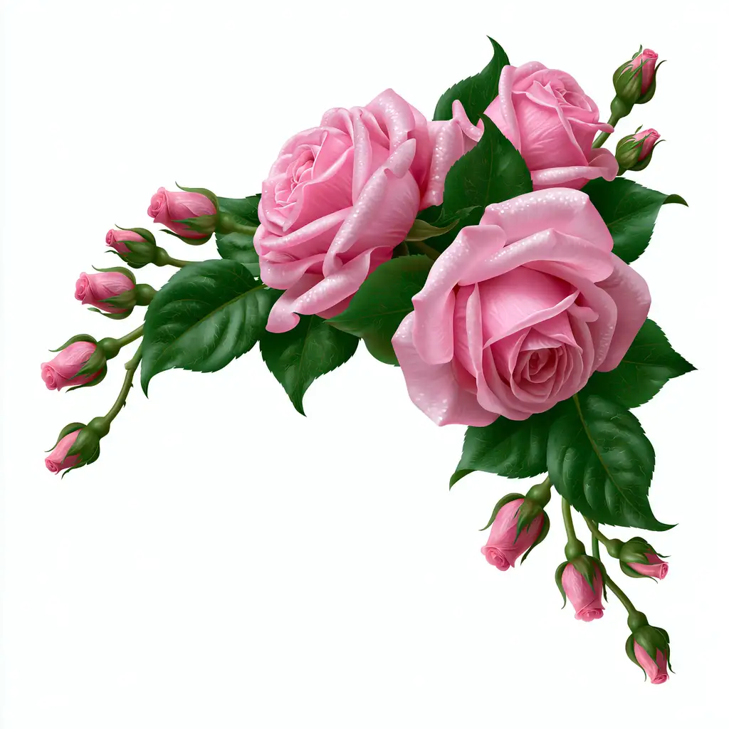 Pink roses bouquet with green leaves on white background