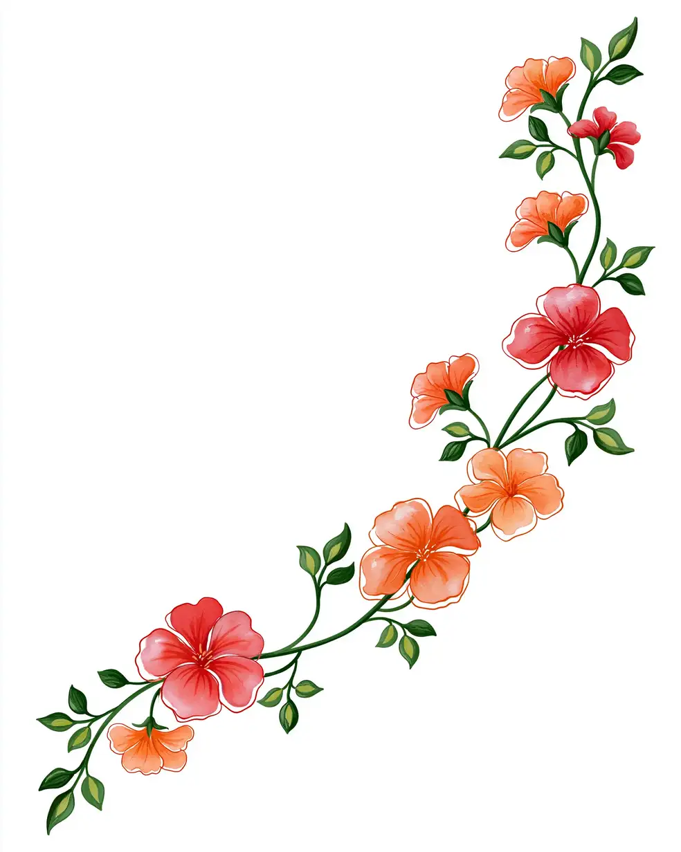 Watercolor Floral Vines with Red and Orange Blossoms on White Background