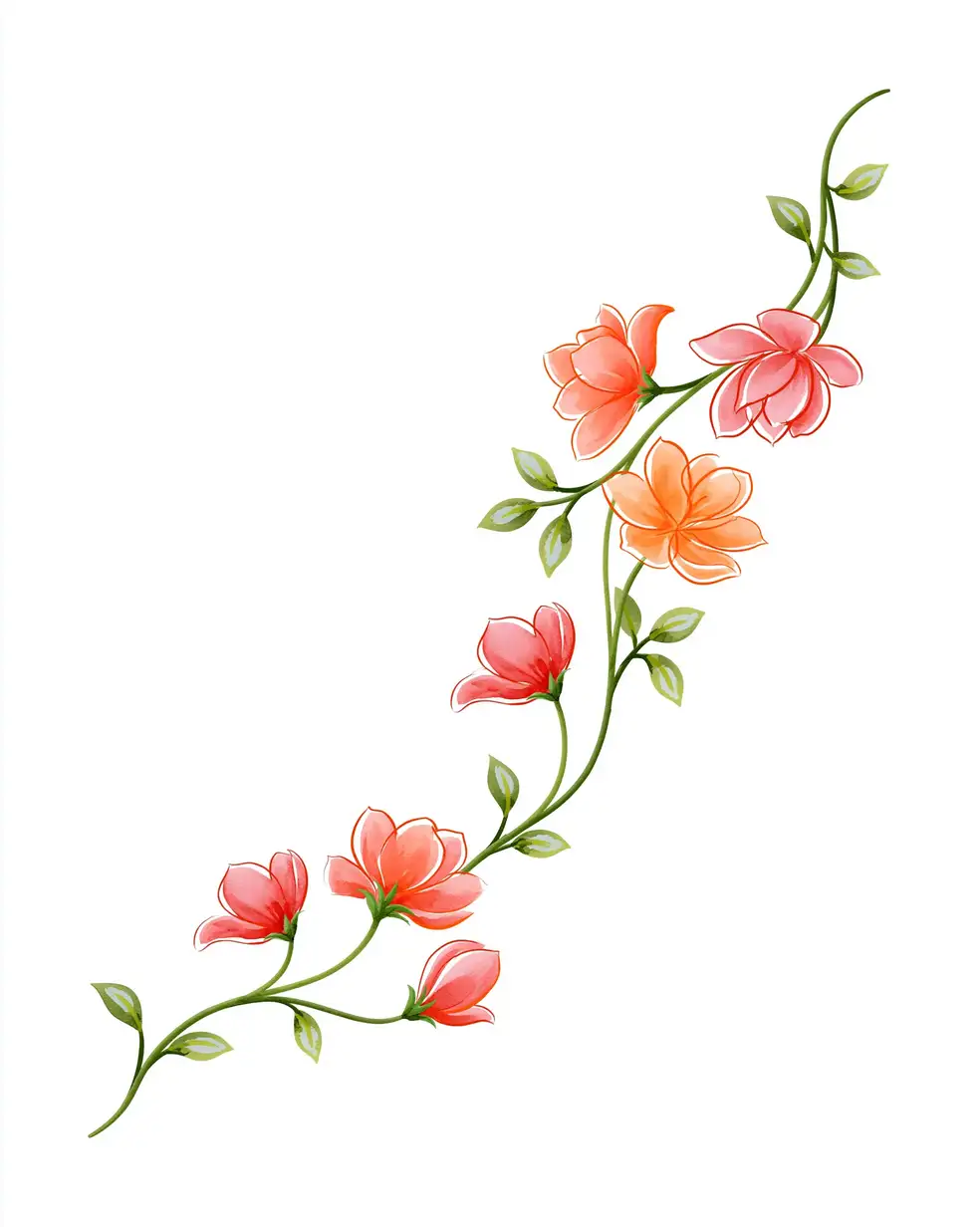 Watercolor Floral Vines with Red and Orange Blossoms on White Background