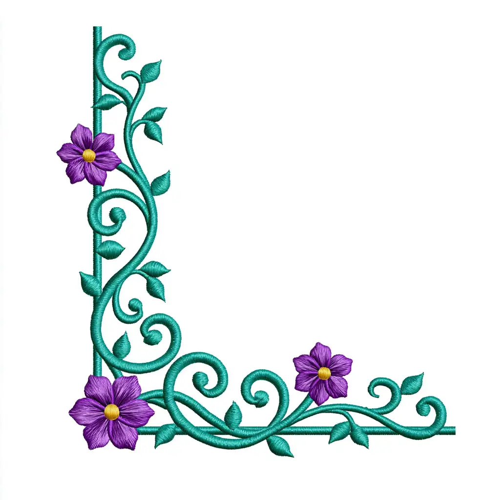 Machine embroidery corner design with purple flowers and teal leaves