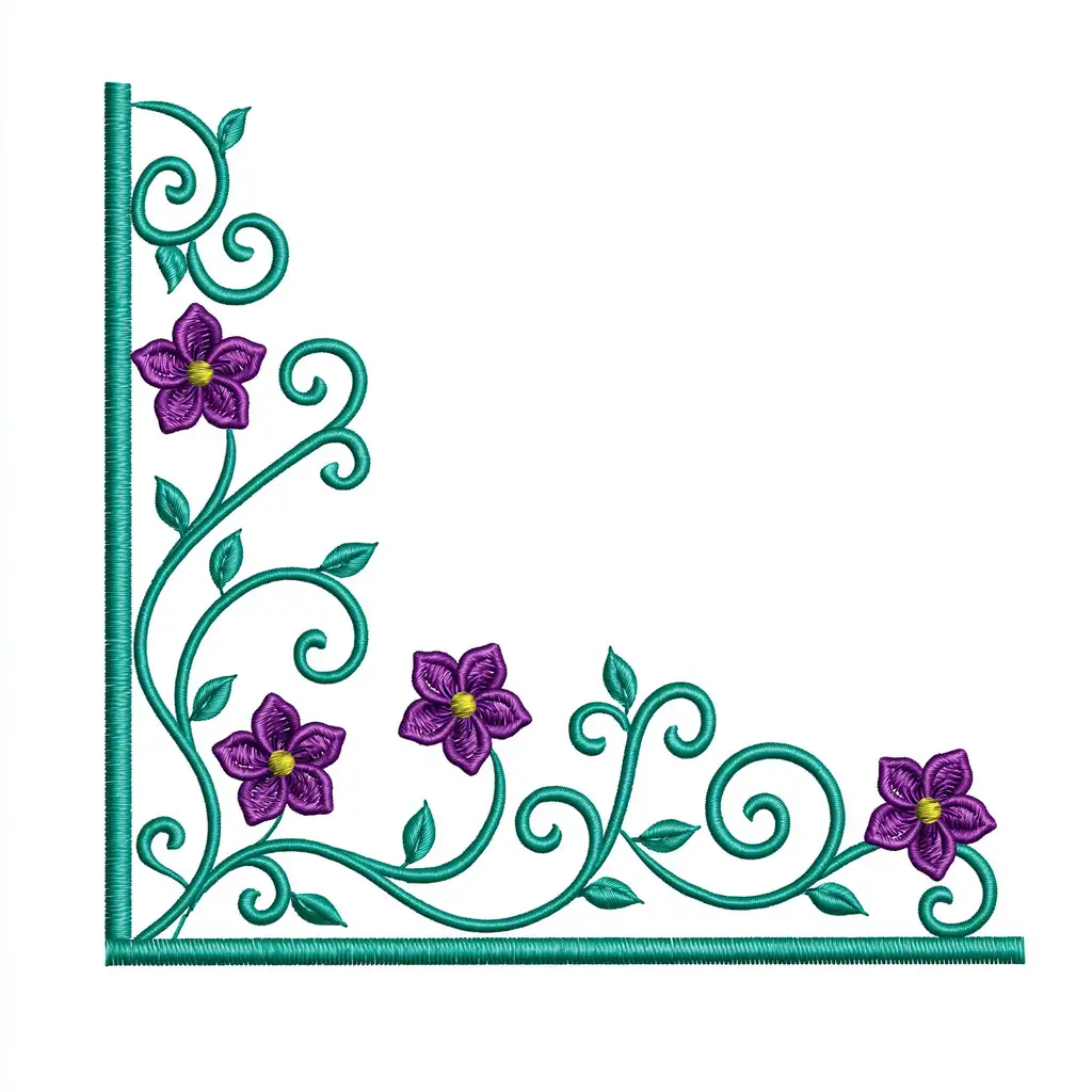 Machine embroidery corner design with purple flowers and teal leaves