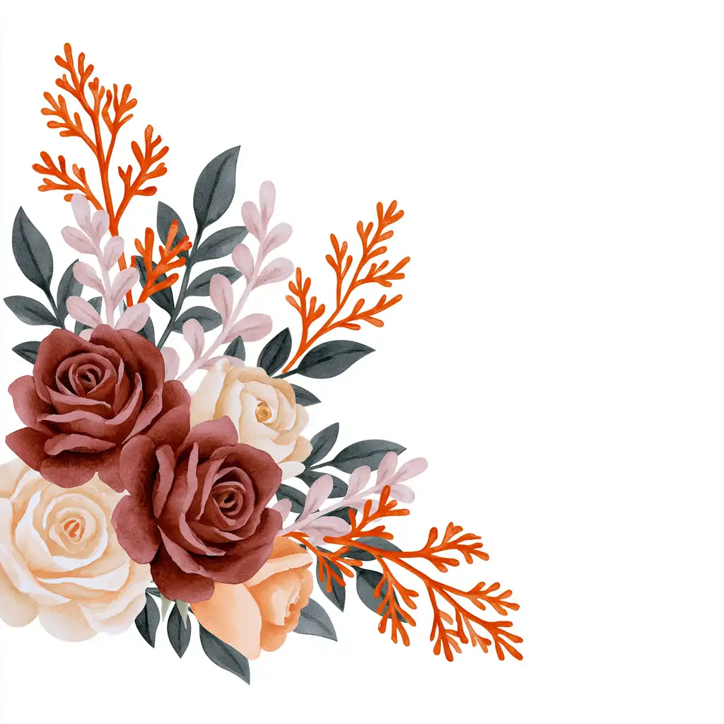 Watercolor floral arrangement with burgundy roses and orange foliage