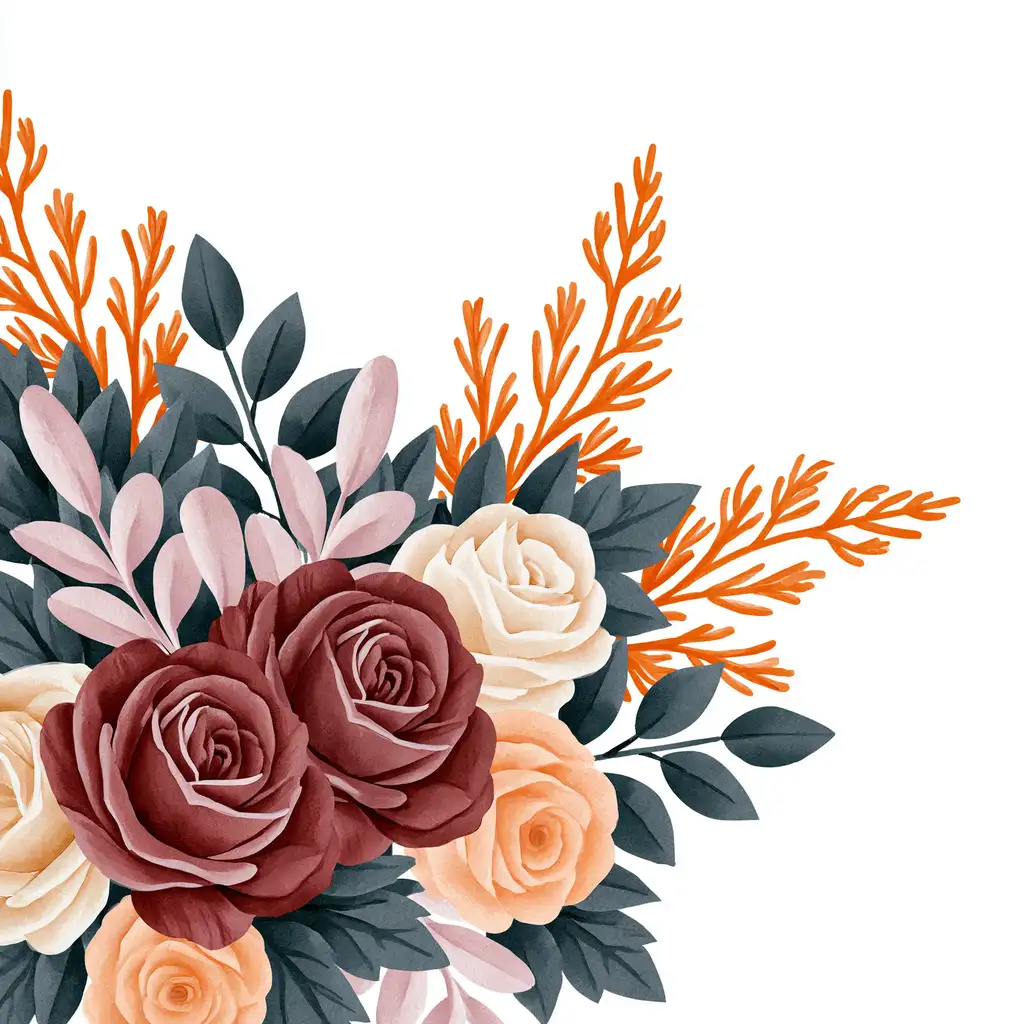 Watercolor floral arrangement with burgundy roses and orange foliage