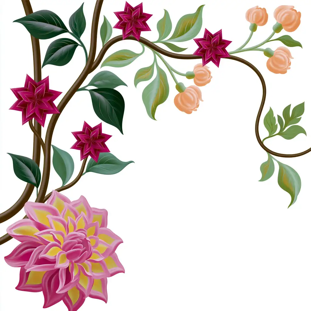Floral Corner Illustration with Pink Flowers and Green Leaves