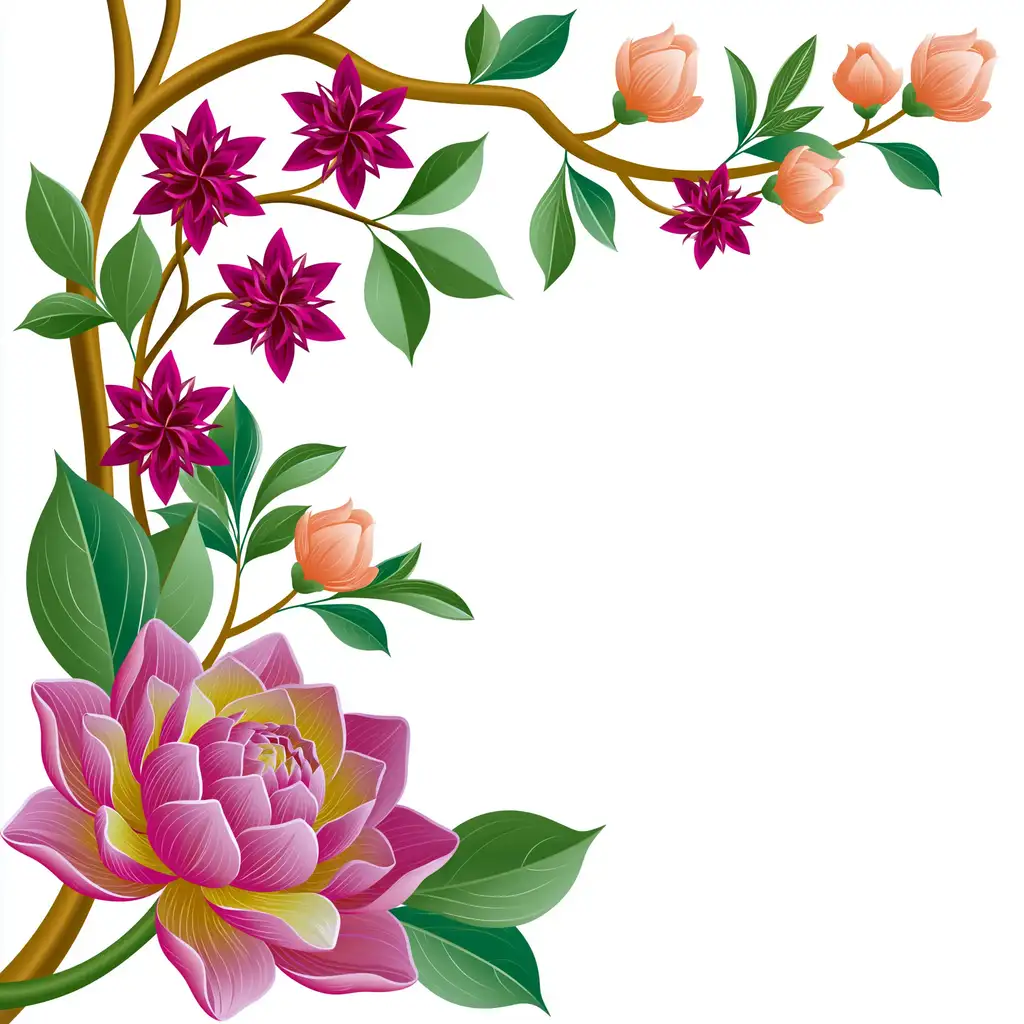 Floral Corner Illustration with Pink Flowers and Green Leaves