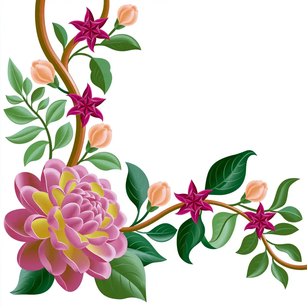 Floral Corner Illustration with Pink Flowers and Green Leaves