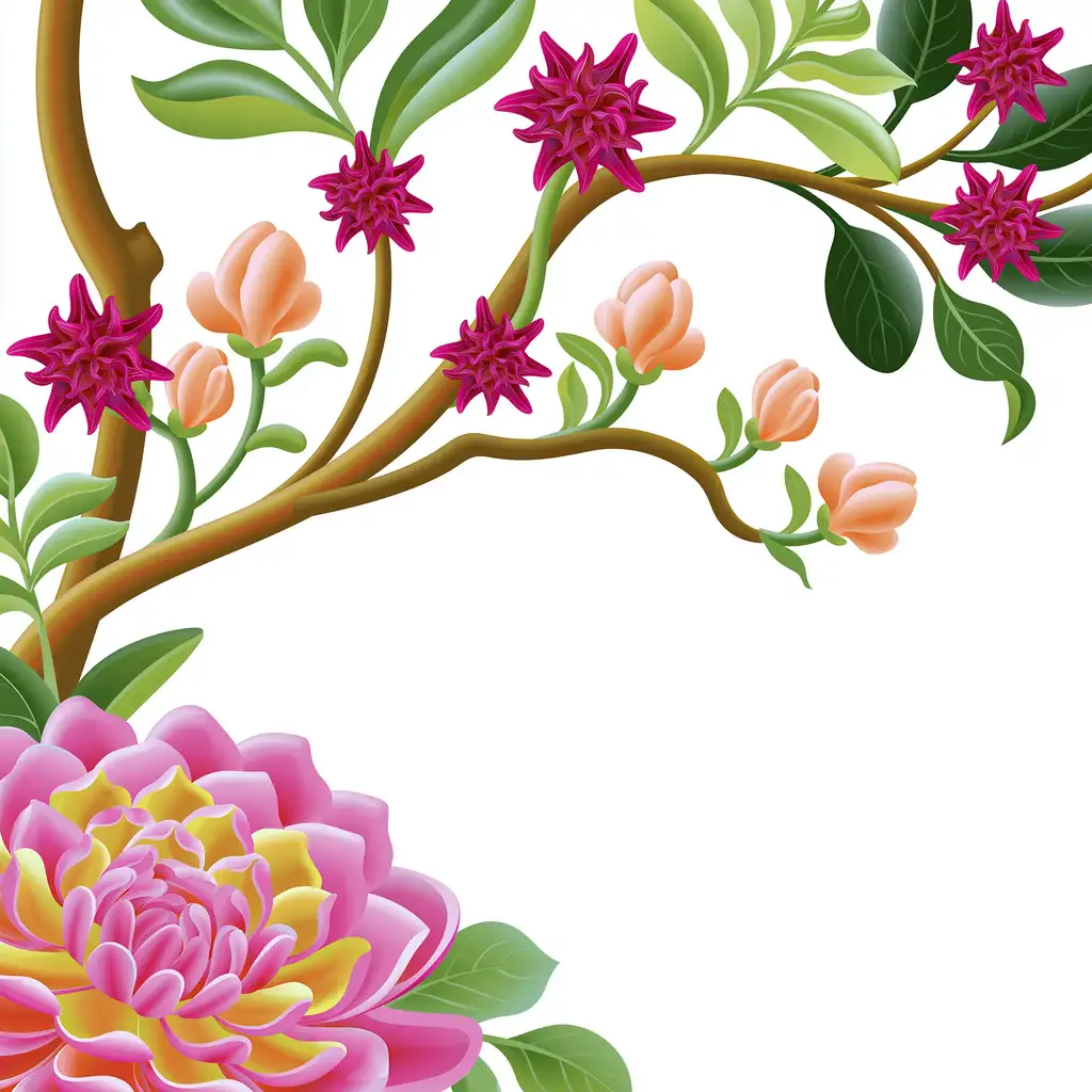 Floral Corner Illustration with Pink Flowers and Green Leaves