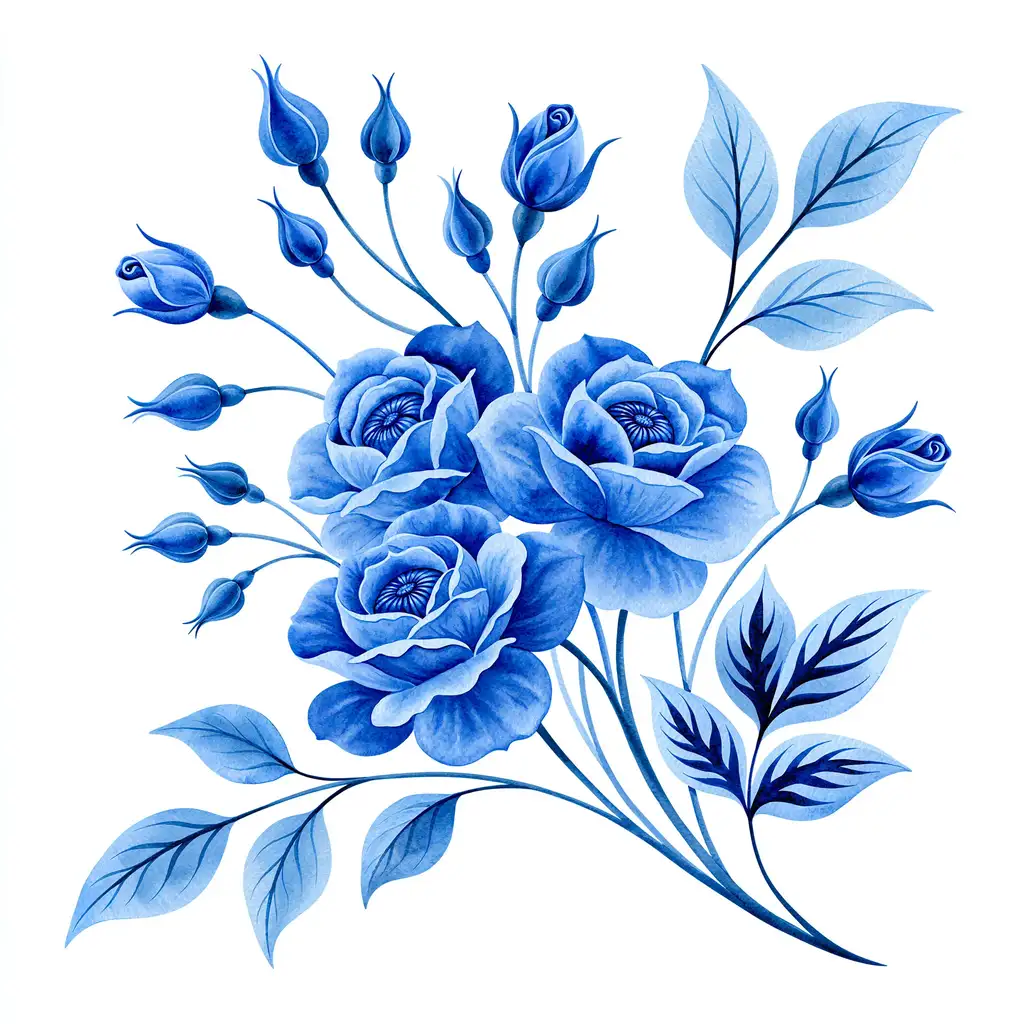 Blue watercolor rose flowers arrangement illustration