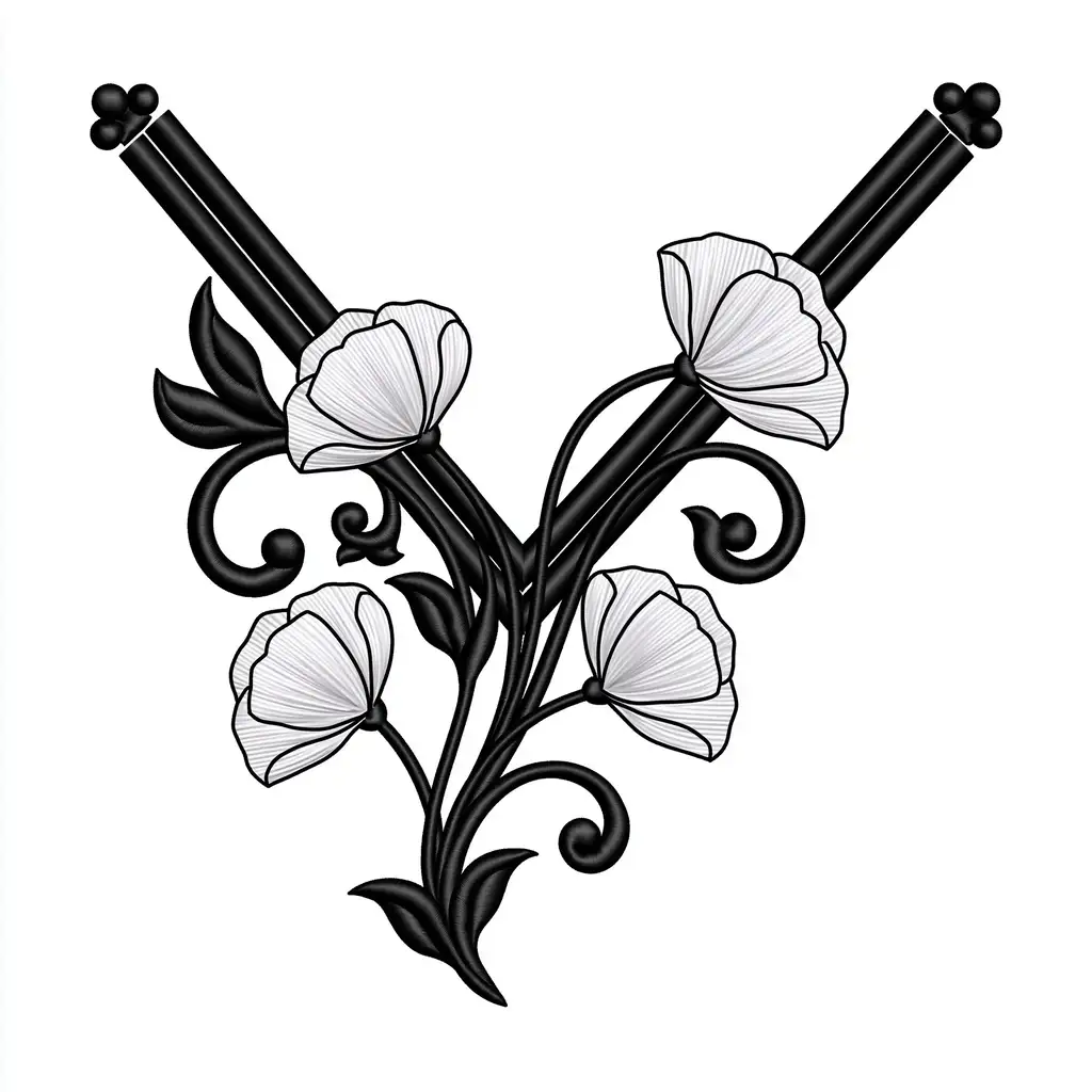Black and White Floral Embroidery Design with Flowers and Swirls